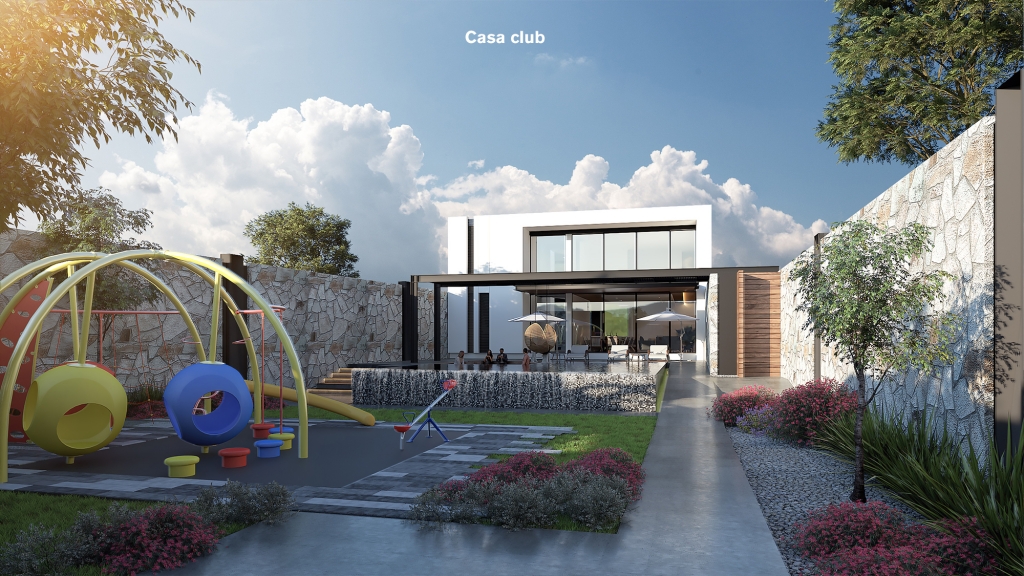 casa club váltica con aberca, juegos infantiles y personas