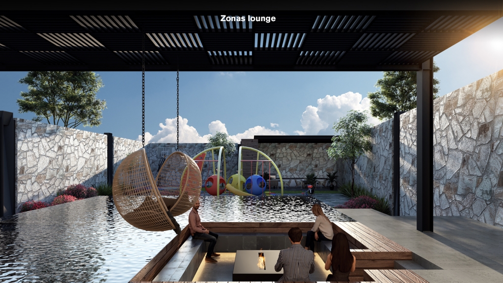 zona lounge aun lado de alberca y juegos infantiles de váltica
